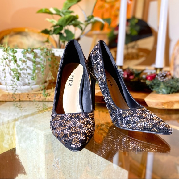 JustFab Sparkling Black and Gold Stilleto Pump Heels - Picture 8 of 13